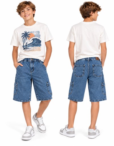 Bermuda jeans BAGGI CARGO CARPINTERA azul nevada con elastico en cintura. Popeye