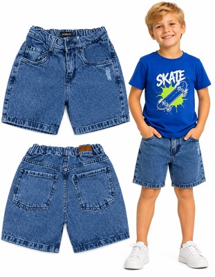 Bermuda JEANS BAGGI azul con elastico en cintura y rotura en bolsillo. Popeye