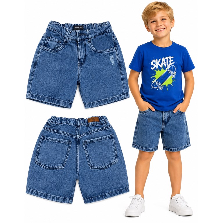 Bermuda JEANS BAGGI azul con elastico en cintura y rotura en bolsillo. Popeye