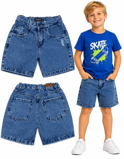 Bermuda JEANS BAGGI azul con elastico en cintura y rotura en bolsillo. Popeye