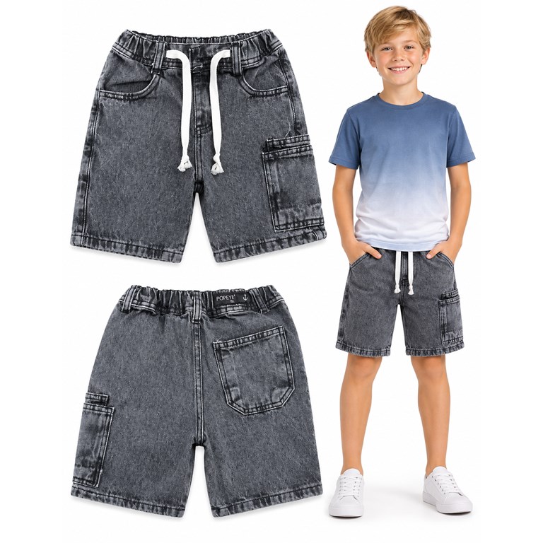 Bermuda nevada negra JEANS BAGGI CON CORDON con bolsillo al costado y atras y elastico en cintura. Popeye