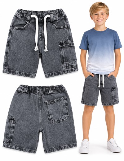 Bermuda nevada negra JEANS BAGGI CON CORDON con bolsillo al costado y atras y elastico en cintura. Popeye
