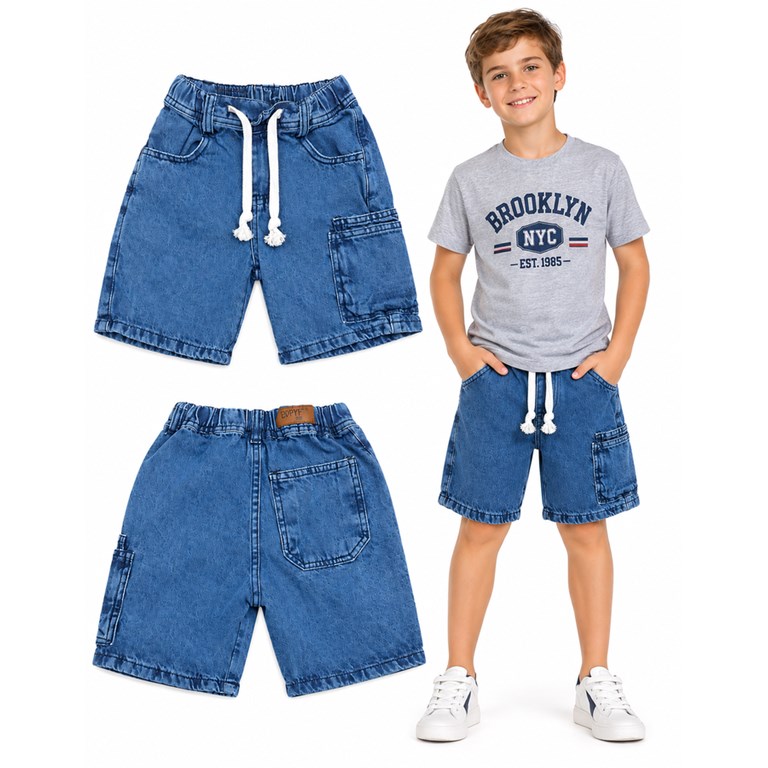 Bermuda  azul JEANS BAGGI con cordon, bolsillo al costado y atras y elastico en cintura. Popeye