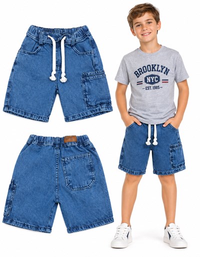 Bermuda  azul JEANS BAGGI con cordon, bolsillo al costado y atras y elastico en cintura. Popeye