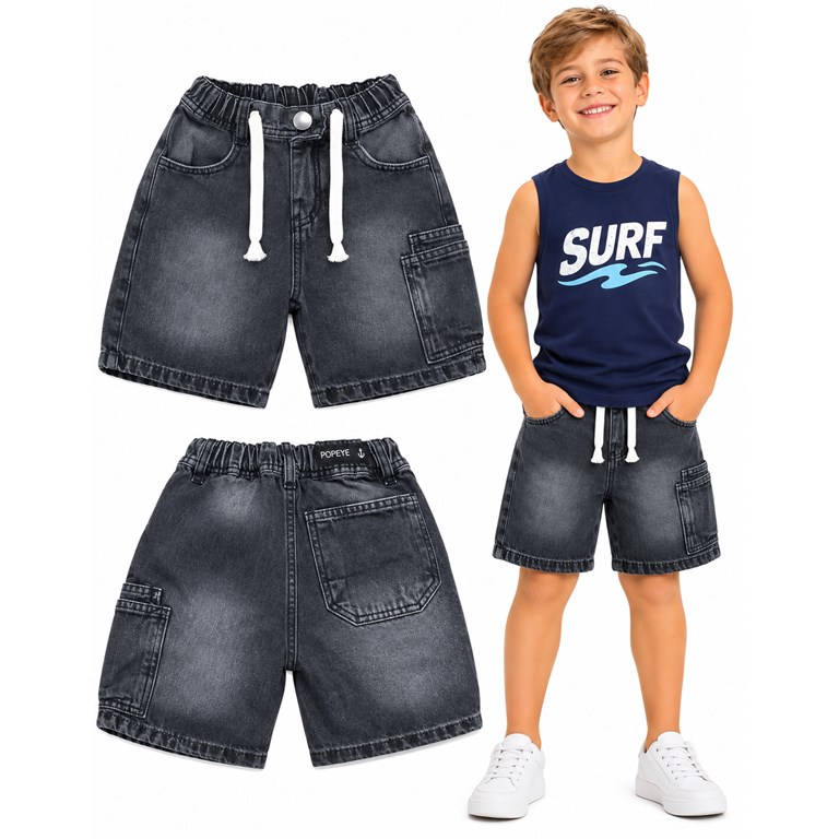 Bermuda negra JEANS BAGGI con cordon en cintura, bolsillo al costado y atras con elastico en cintura. Popeye