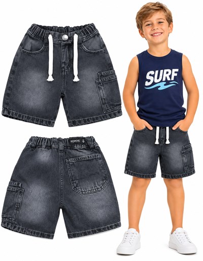 Bermuda negra JEANS BAGGI con cordon en cintura, bolsillo al costado y atras con elastico en cintura. Popeye