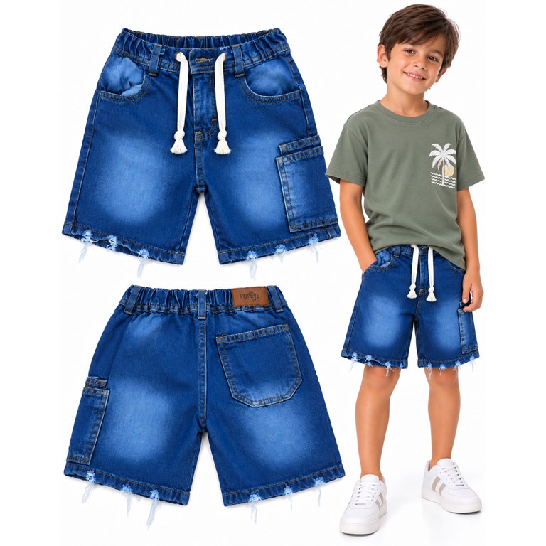 Bermuda azul JEANS BAGGI con cordon en cintura, bolsillo al costado y atras, elastico en cintura. Popeye