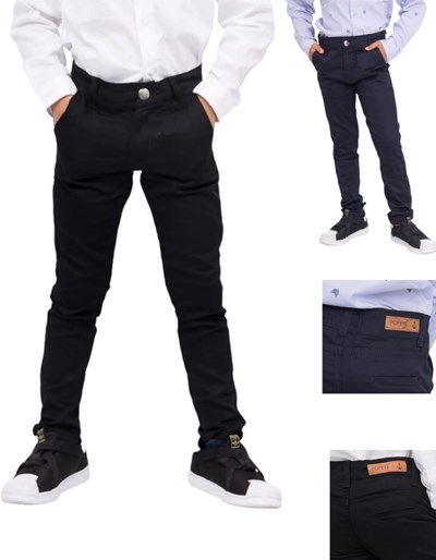 Pantalón niños elastizado. Corte chino. Saten.  Colores:  Negro - Azul - Beige. Popeye Kids.