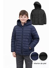 Campera unisex con piel adentro y capucha desmontable. Colores: Negro - Marino. Importada