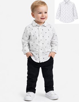 CAMISA  MANGA LARGA PARA BEBE, FONDO BLANCO, ESTAMPA HOJITAS.  POPLIN ELASTIZADO. POPEYE