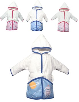 Salida de baño con capucha en toalla blanca con ribb. Bolsillos siblimados 'Mi galaxia en sueños'. Mi bes