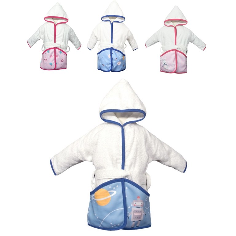 Salida de baño con capucha en toalla blanca con ribb. Bolsillos siblimados 'Mi galaxia en sueños'. Mi bes