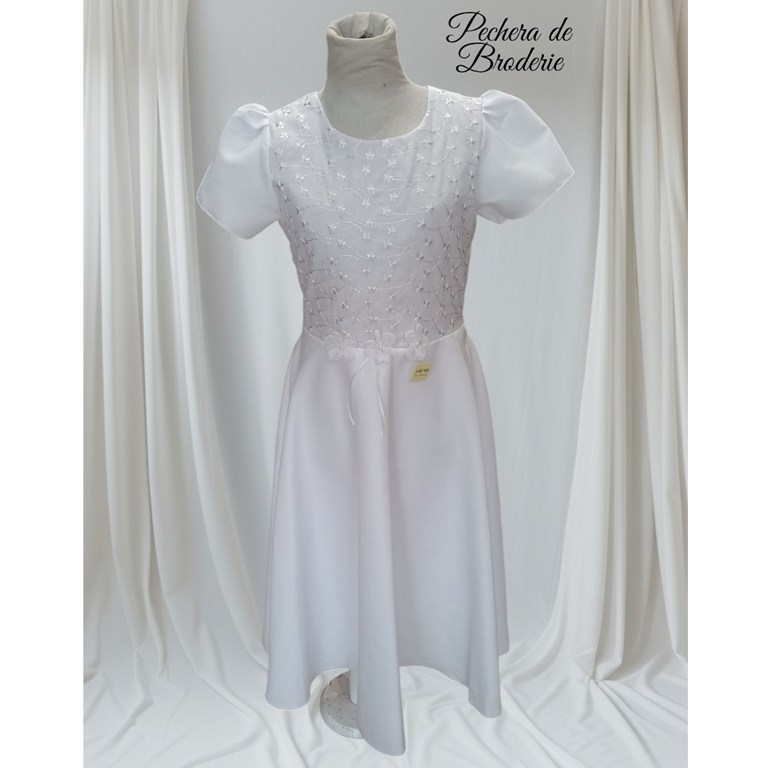 Vestido de comunion manga corta con pechera bordada y aplique en cintura flores. Labendel