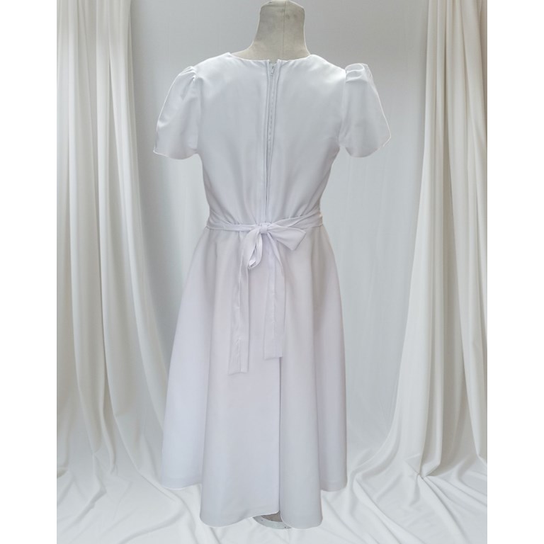 Vestido de comunion manga corta con pechera bordada y aplique en cintura flores. Labendel