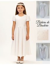 Vestido de comunion manga corta con pechera bordada y aplique en cintura flores. Labendel