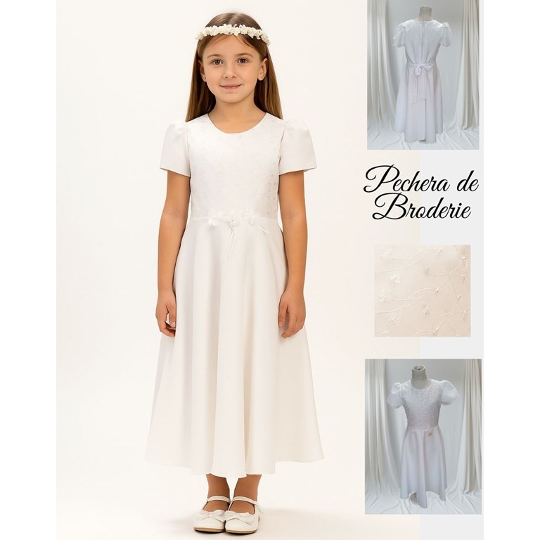 Vestido de comunion manga corta con pechera bordada y aplique en cintura flores. Labendel