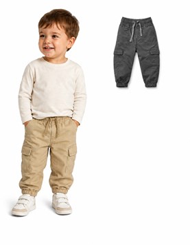 Pantalon gabardina cargo bebe. Colores: Gris o Camel. Baby way