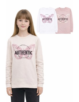 REMERA MANGA LARGA  CON PUÑO PARA NENA, ESTAMPA 'AUTENTIC' MARIPOSA. BABY WAY