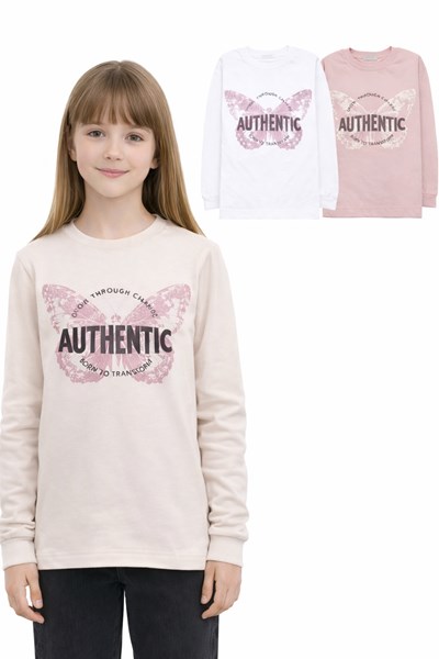 REMERA MANGA LARGA  CON PUÑO PARA NENA, ESTAMPA 'AUTENTIC' MARIPOSA. BABY WAY