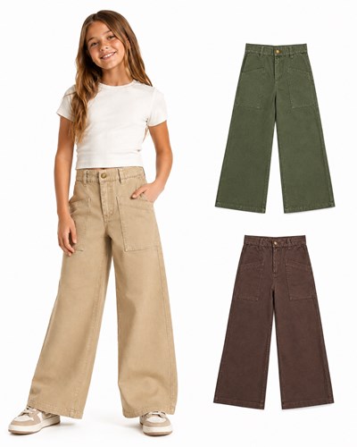Pantalón de gabardina Wide Leg con bosillos para nena. Baby Way