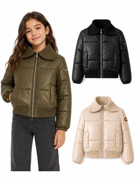 Campera puffer nena abrigada, cuello y cintura tejida. Colores: Negro, Beige y verde militar. Baby way