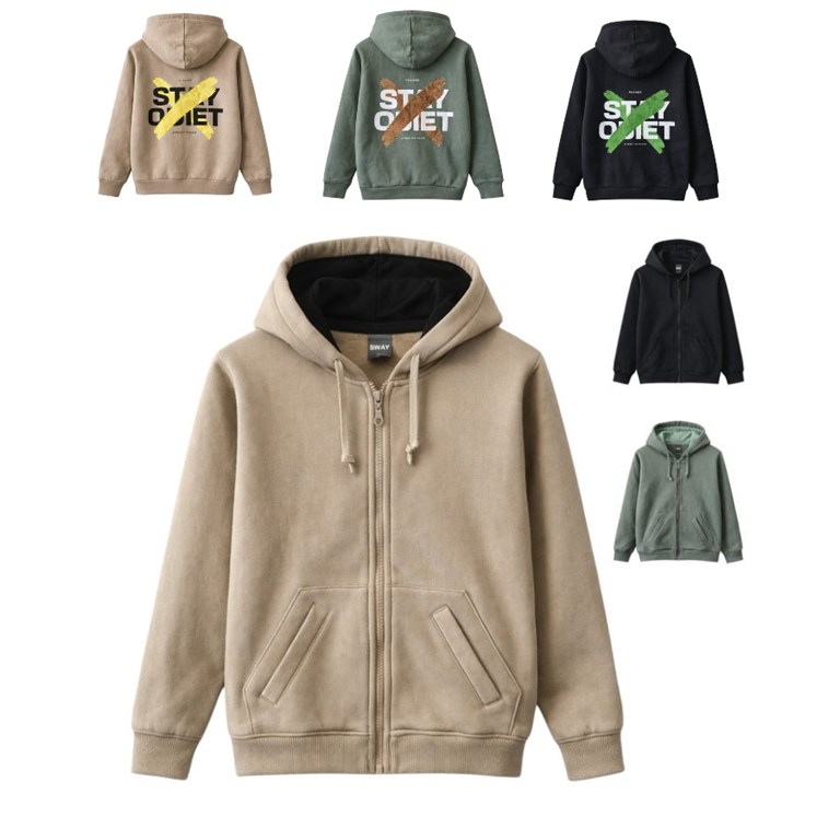 Campera de frisa de varón, con capucha, bolsillos y estampa en espalda. Baby Way