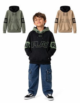 BUZO DE FRISA CANGURO PARA NENE, ESTAMPA FRENTE Y MANGAS. CORDON REGULABLE EN CASPUCHA. BABY WAY