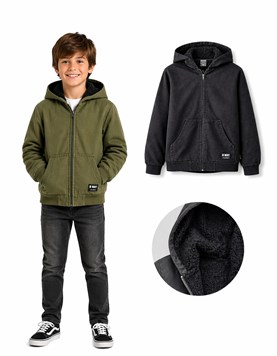 CAMPERA DE GABARDINA PARA NENE, FORRADA EN CORDERITO, CON CAPUCHA Y BOLSILLOS. PUÑO Y CINTURA EN MORLEY. BABY WAY