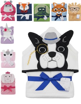 Toallon con capucha con bordado 3D. Medidas: 70 x 70 cm. Bordados de diez animales distintos unisex, nena y varon.