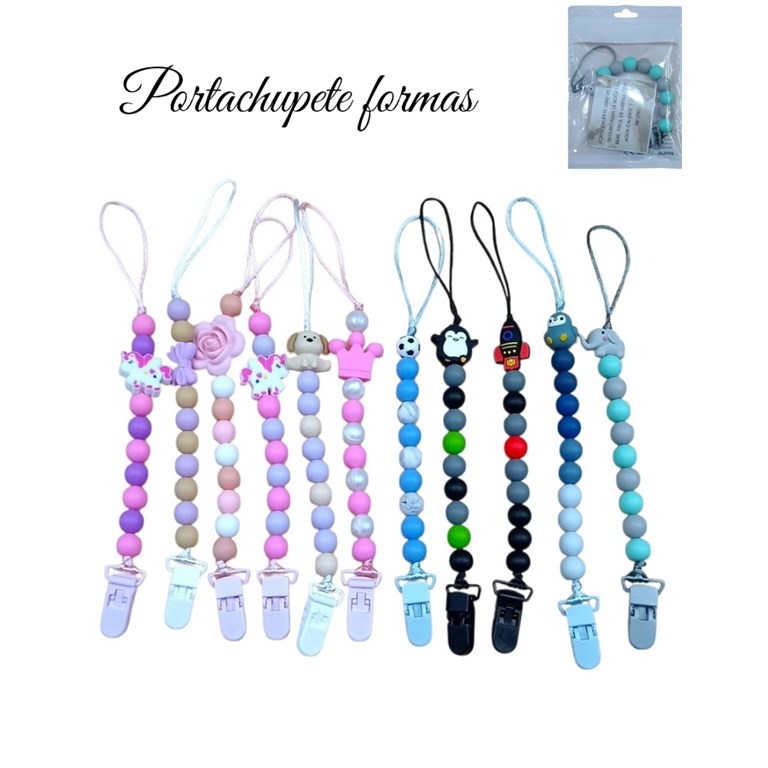 Portachupete FORMAS  silicona importado de 9 bolitas + 1 forma con ganchos de plastico. Colores: Unisex-Varon-Nena. Labendel