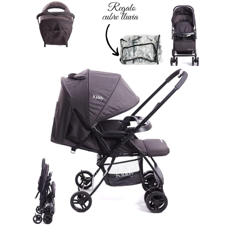 COCHE TWISTER PLUS , MANIJA REBATIBLE. CAPOTE C/VISOR Y BOLSILLO. MANIJA PARA BEBÉ. CIECERA REGULABLE. CINTURÓN 5 PUNTOS, CANASTO AMPLIABLE, ASIENTO RECLINABLE. INCLUYE CUBRE LLUVIA. KIDDY