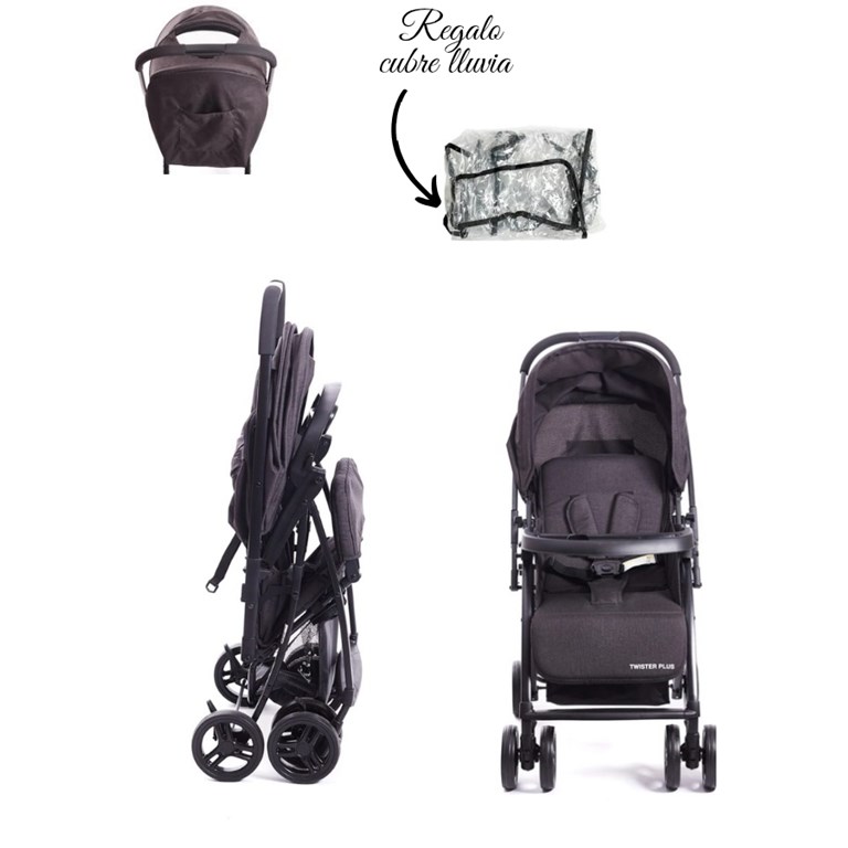 COCHE TWISTER PLUS , MANIJA REBATIBLE. CAPOTE C/VISOR Y BOLSILLO. MANIJA PARA BEBÉ. CIECERA REGULABLE. CINTURÓN 5 PUNTOS, CANASTO AMPLIABLE, ASIENTO RECLINABLE. INCLUYE CUBRE LLUVIA. KIDDY