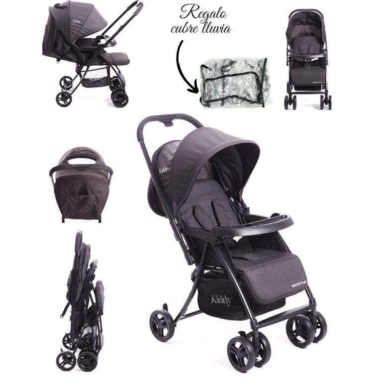 COCHE TWISTER PLUS , MANIJA REBATIBLE. CAPOTE C/VISOR Y BOLSILLO. MANIJA PARA BEBÉ. CIECERA REGULABLE. CINTURÓN 5 PUNTOS, CANASTO AMPLIABLE, ASIENTO RECLINABLE. INCLUYE CUBRE LLUVIA. KIDDY