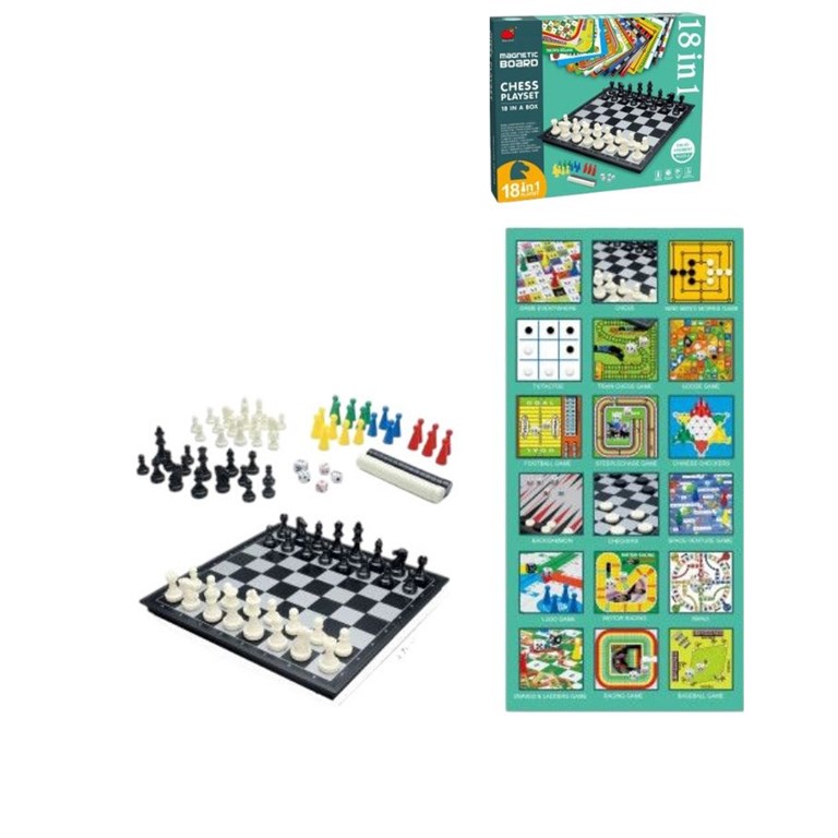 JM18 - JUEGO DE MESA IMANTADO 18 EN 1. Damas, ajedrez, ludo, juego de la oca, serpientes y escaleras, damas chinas, tateti, etc. LOVE