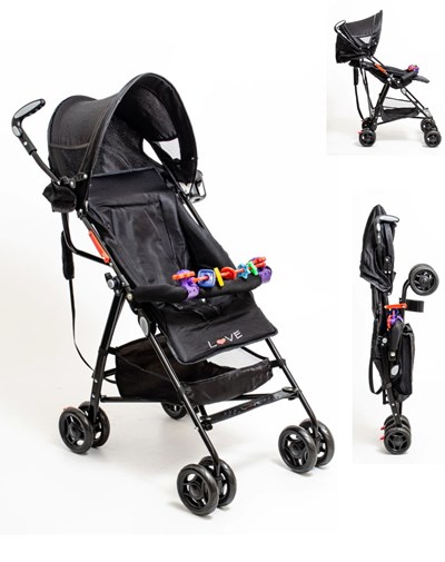 Cochecito paraguitas tap Love. • Coche paragüitas LOVE. • Sistema TAP: Para plegado práctico. • Múltiples posiciones con gancho mariposa. • Manija fija. • Con apoya vaso. • Con amplio canasto para gua