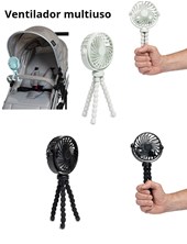 Ventilador multiuso con trípode flexible para fácil ajuste. Ideal para cochecitos. Con luz y cable para su carga. 3 velocidades. Medidas: 10,5 x 4,7 x 21,8 cm.  Love