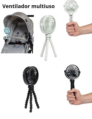 Ventilador multiuso con trípode flexible para fácil ajuste. Ideal para cochecitos. Con luz y cable para su carga. 3 velocidades. Medidas: 10,5 x 4,7 x 21,8 cm.  Love
