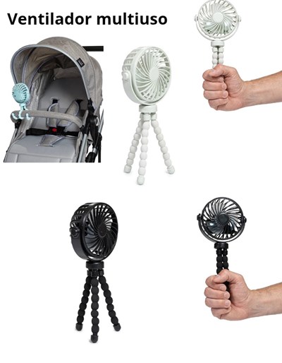 Ventilador multiuso con trípode flexible para fácil ajuste. Ideal para cochecitos. Con luz y cable para su carga. 3 velocidades. Medidas: 10,5 x 4,7 x 21,8 cm.  Love