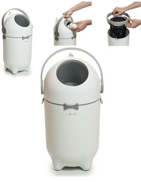 Tacho para pañales. • Sistema de barreras de olores. • Utliza bolsas estandar (45 x 60 cm). • Fácil de tirar el pañal y cambiar la bolsa. • Capacidad desde 15 a 25 pañales, según tamaño. • Medidas: