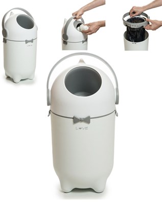 Tacho para pañales. • Sistema de barreras de olores. • Utliza bolsas estandar (45 x 60 cm).  • Fácil de tirar el pañal y cambiar la bolsa.  • Capacidad desde 15 a 25 pañales, según tamaño. • Medidas: