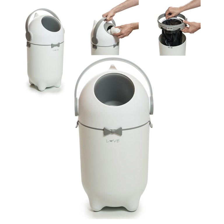 Tacho para pañales. • Sistema de barreras de olores. • Utliza bolsas estandar (45 x 60 cm). • Fácil de tirar el pañal y cambiar la bolsa. • Capacidad desde 15 a 25 pañales, según tamaño. • Medidas: