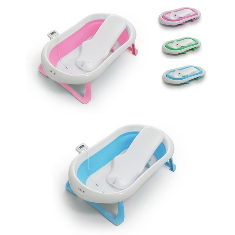 BAÑERA + REDUCTOR + TERMOMETRO DIGITAL. Bañera Plegable: Ultra compacta, con manija para colgar o llevar, patas antideslizantes y encastre para duchador de mano. LOVE