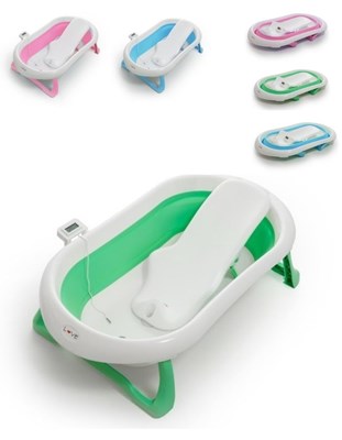 Combo B340: Bañera B330 + Reductor B310 + Termómetro Digital.Bañera plegable ultra compacta (24L, 1,4 kg) con reclinado seguro, desagote y patas antideslizantes. Reductor rígido, plegable y con sopapa para mayor estabilidad. Termómetro digital con ca