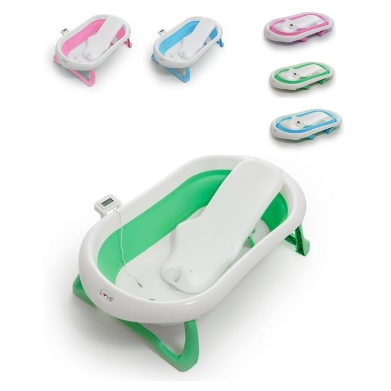 BAÑERA + REDUCTOR + TERMOMETRO DIGITAL. Bañera Plegable: Ultra compacta, con manija para colgar o llevar, patas antideslizantes y encastre para duchador de mano. LOVE