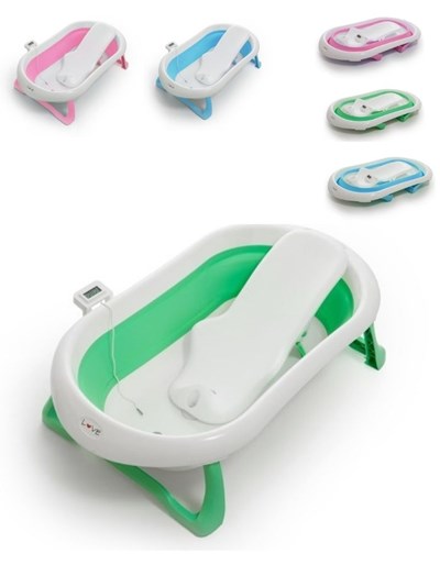 Combo B340: Bañera B330 + Reductor B310 + Termómetro Digital.Bañera plegable ultra compacta (24L, 1,4 kg) con reclinado seguro, desagote y patas antideslizantes. Reductor rígido, plegable y con sopapa para mayor estabilidad. Termómetro digital con cable para control preciso (pilas LR44). LOVE