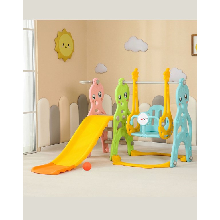Mini plaza pulpo Love. • Tobogán con hamaca y aro de básquet. • Plaza de actividades. • Armado fácil. • Incluye pelota. • En la base se coloca agua para darle mayor estabilidad. • Medidas: 160 x 135
