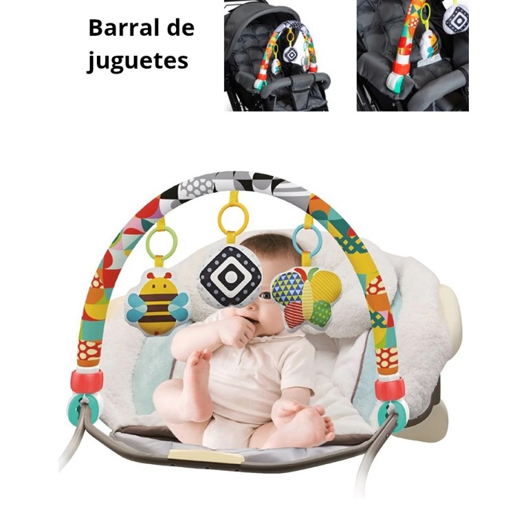 Barral de juguetes. Movil para cochecito o cuna multiuso. Juguetes con sonidos. Anclaje universal. Love
