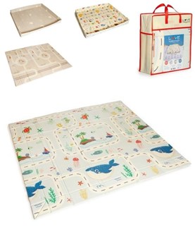 Alfombra anti golpes con dibujos reversibles, plegar con abrojos. Material XPE. Medidas desplegado: 180x200 cm. Medidas plegado: 147x170x17 cm. Espesor: 8 mm. LOVE