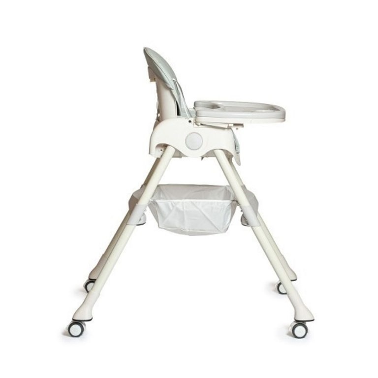 Silla alta y baja con doble bandeja. Posición fija y plegado compacto. Cinturón arnés de 5 puntos. Tapizado de ecocuero lavable. 4 ruedas. LOVE