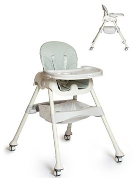 Silla alta y baja con doble bandeja. Posición fija y plegado compacto. Cinturón arnés de 5 puntos. Tapizado de ecocuero lavable. 4 ruedas. LOVE